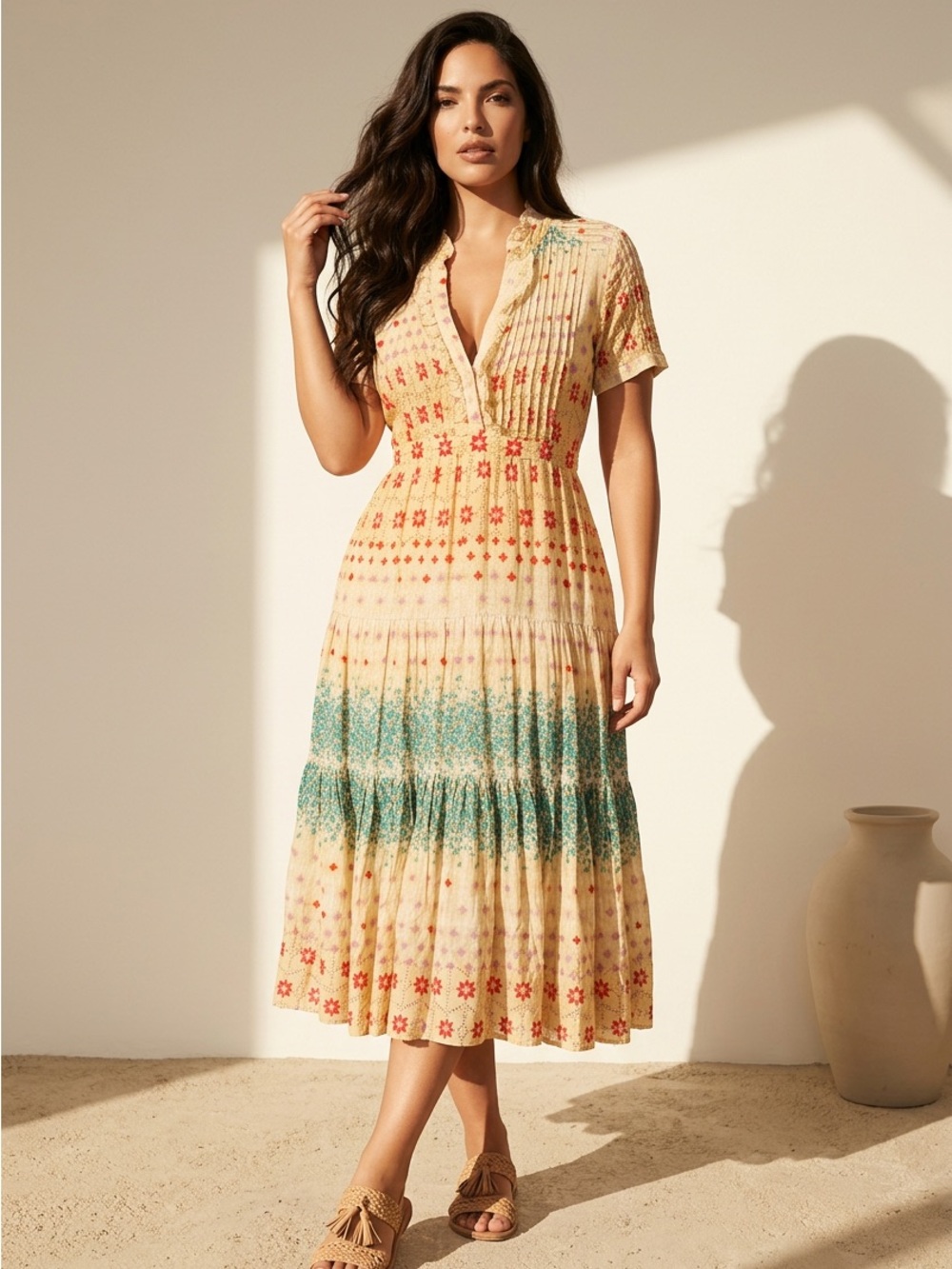 Free People 
Boho Floral Tiered Midi Dress in Cream and Teal